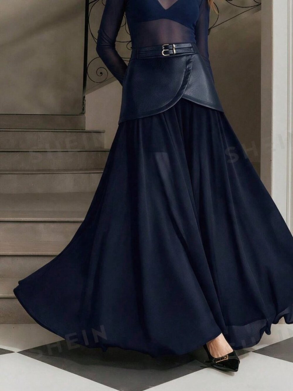 Navy Blue Casual Women's Scallop Belted Draped Flared Chiffon Long Skirt - Picture 5 of 7